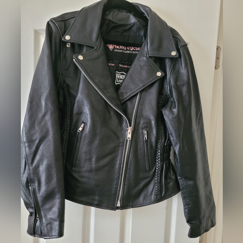 Sleek Black and Silver Leather Biker Jacket with Notched Lapel